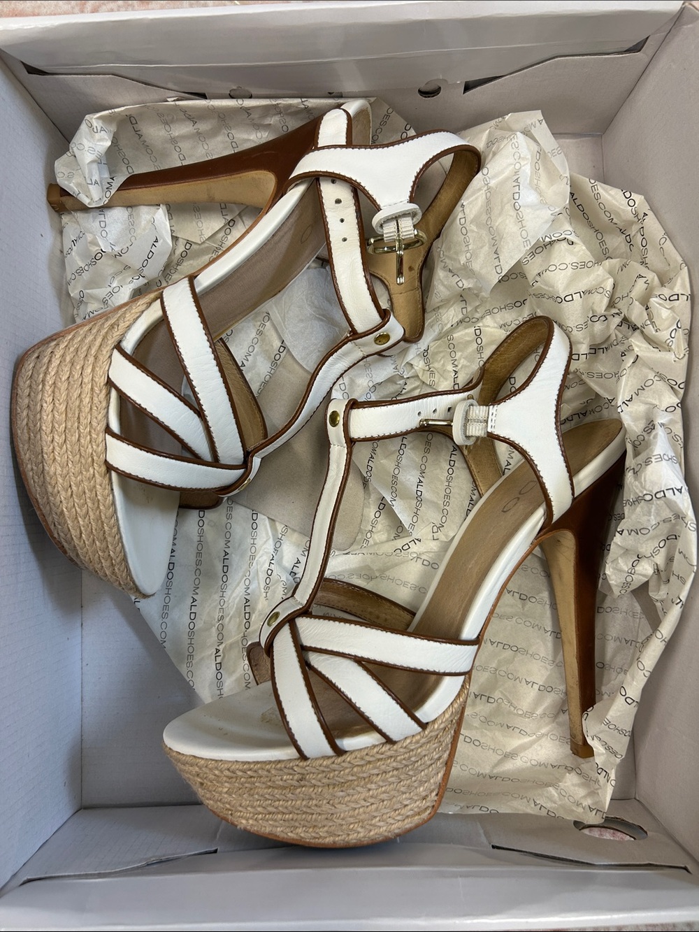 Aldo White and Tan Espadrille Platform T‑Strap Heels - Picture 2 of 8